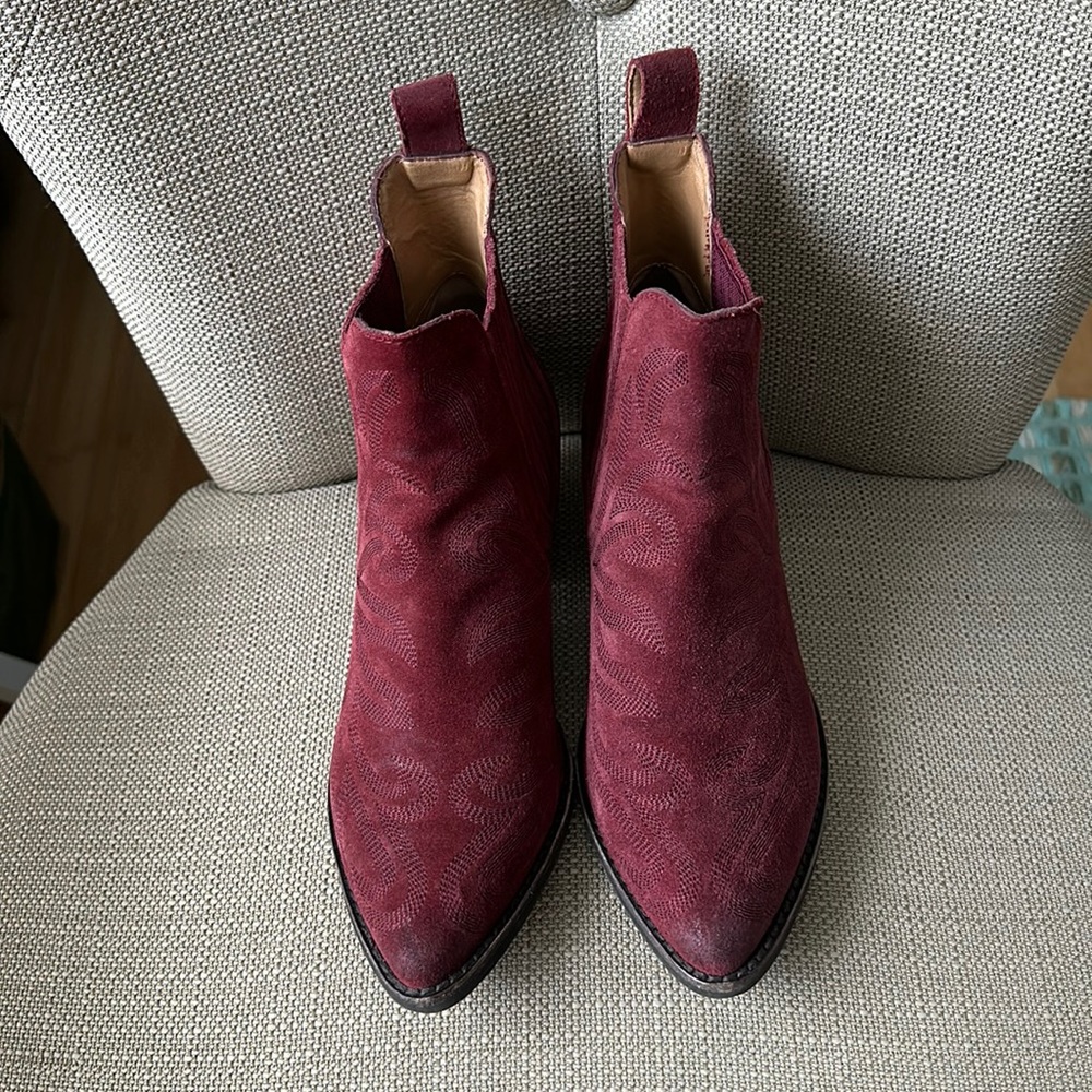 Beautiful red suede bootie style boots. Pull on no zipper